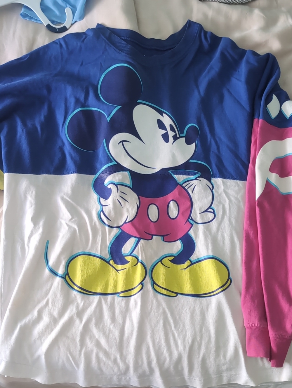Disney Colorblock Mickey Long Sleeve Spirit Jersey in Blue/White/Pink/Yellow